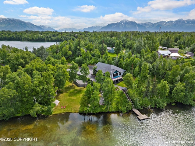 bird's eye view featuring a forest view and a water and mountain view