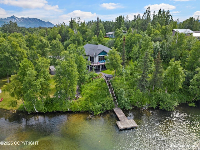 drone / aerial view featuring a forest view and a water view