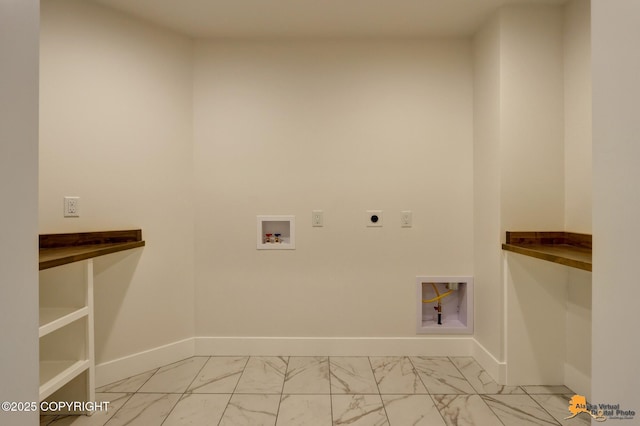 laundry area with marble finish floor, baseboards, hookup for an electric dryer, hookup for a washing machine, and laundry area