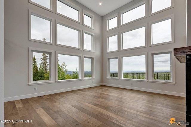 interior space with baseboards, light wood-type flooring, and a towering ceiling