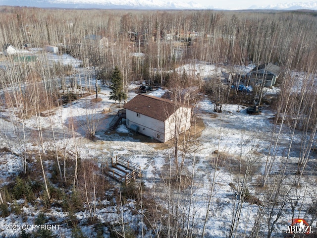 snowy aerial view with a wooded view