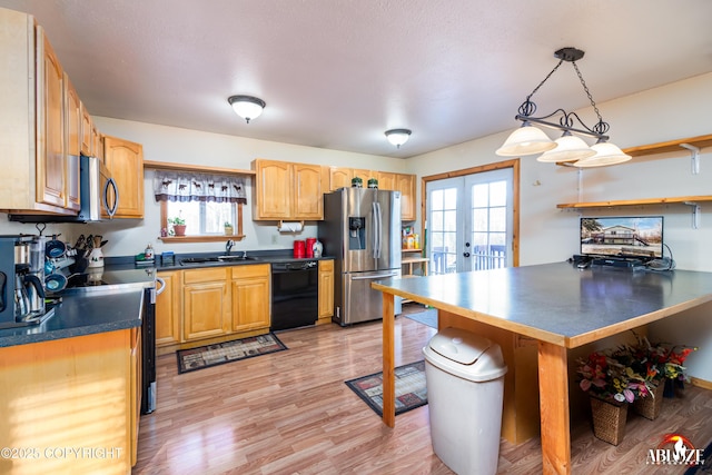 kitchen with open shelves, a sink, stainless steel appliances, french doors, and dark countertops