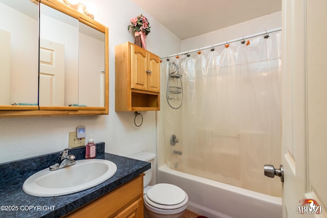 bathroom with vanity, toilet, and shower / bath combo with shower curtain