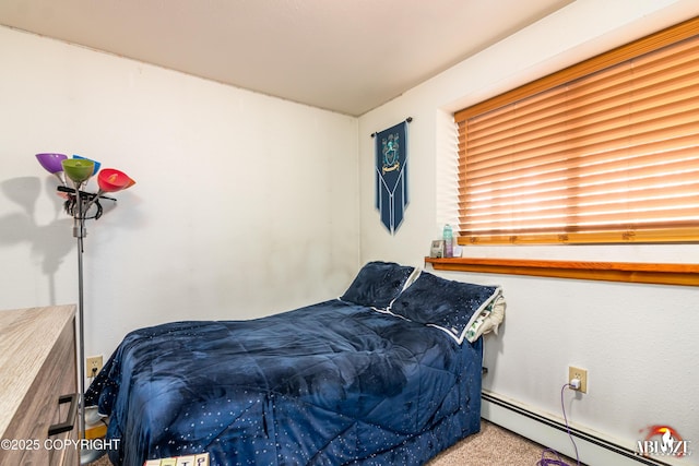 carpeted bedroom with a baseboard radiator