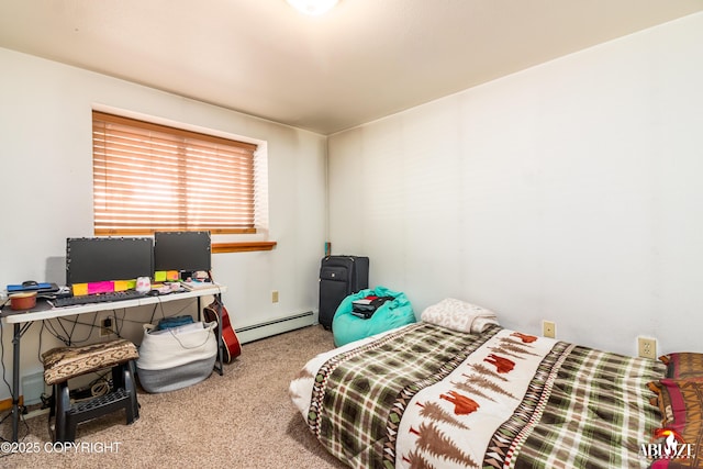 carpeted bedroom featuring a baseboard heating unit