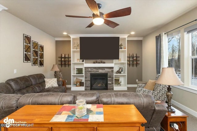 living room featuring recessed lighting, a tile fireplace, baseboards, and a ceiling fan