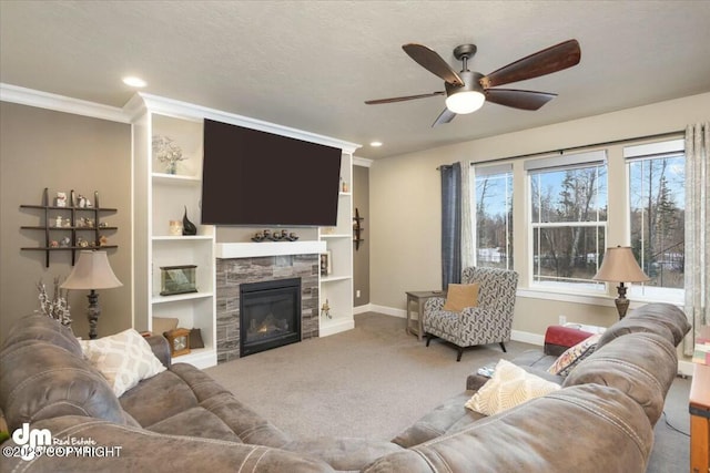 carpeted living area with baseboards, a tiled fireplace, recessed lighting, a textured ceiling, and a ceiling fan