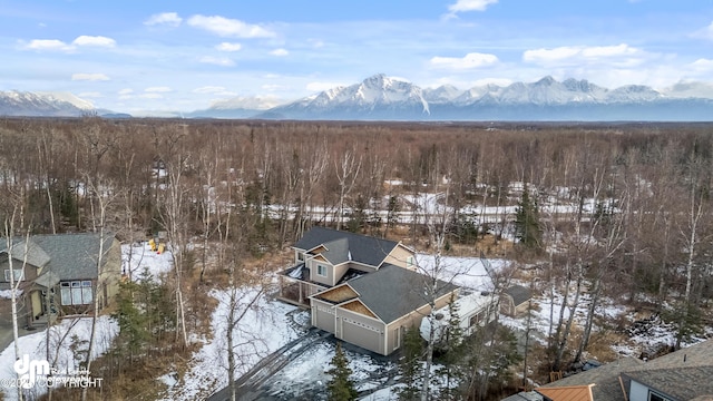 snowy aerial view featuring a mountain view and a view of trees