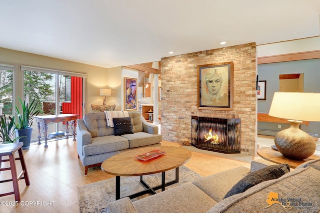 living area featuring a fireplace