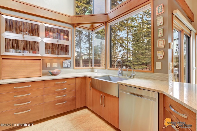 kitchen with light stone counters, a sink, and stainless steel dishwasher