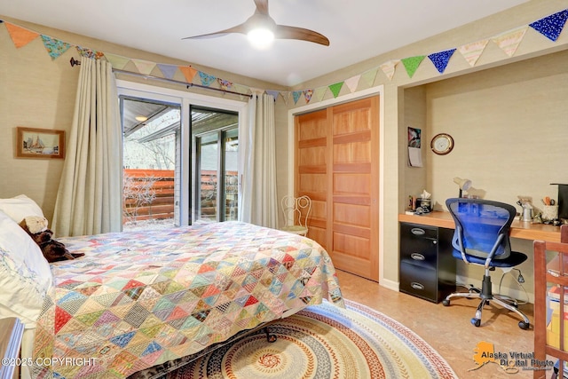 bedroom featuring access to exterior and ceiling fan