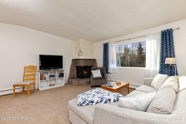 living area with baseboard heating, a fireplace, lofted ceiling, and carpet floors