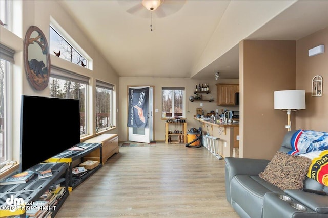 living room featuring lofted ceiling, plenty of natural light, a ceiling fan, and light wood finished floors