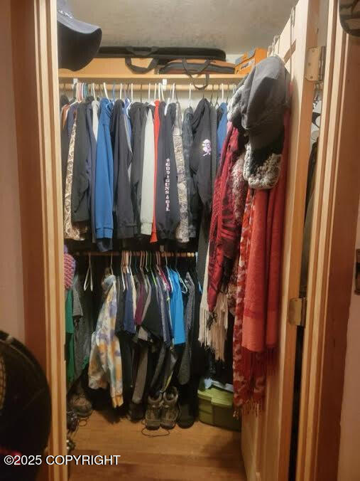 walk in closet with wood finished floors