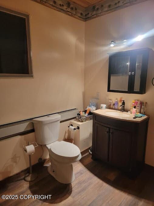 bathroom with toilet, wood finished floors, and vanity