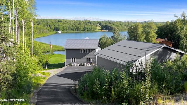 bird's eye view with a water view and a wooded view