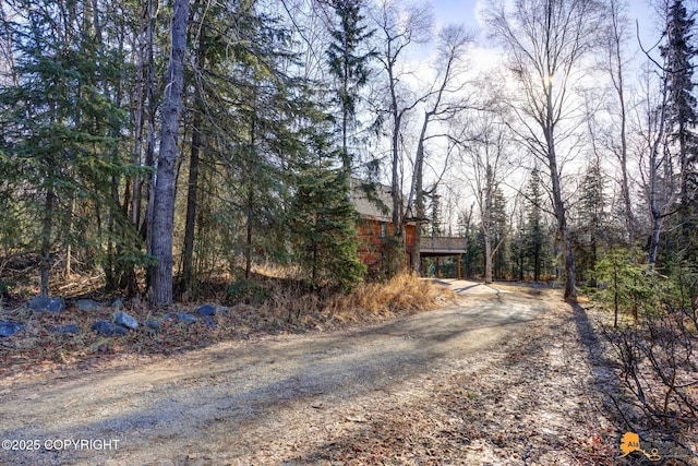 view of road with a forest view and driveway