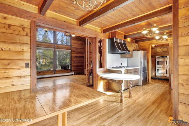 kitchen featuring a notable chandelier, wall chimney exhaust hood, wood ceiling, and stainless steel appliances