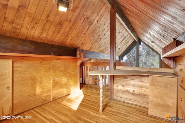 additional living space featuring wooden ceiling, lofted ceiling with beams, wood finished floors, and wood walls