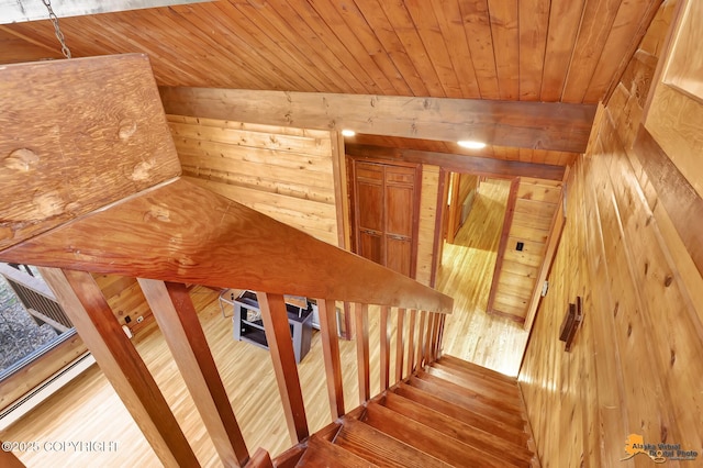 stairs featuring wood walls and wooden ceiling