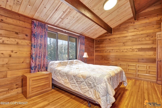 bedroom with light wood-style flooring, wood ceiling, and lofted ceiling with beams