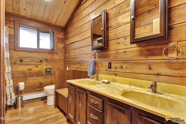 bathroom with baseboard heating, toilet, lofted ceiling, and a sink