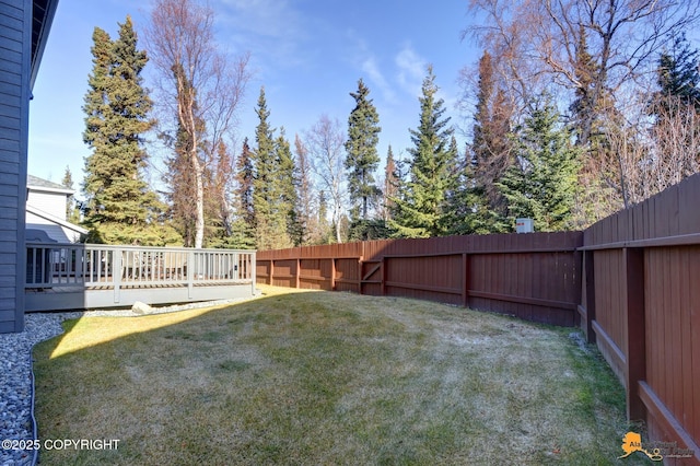 view of yard with a deck and a fenced backyard