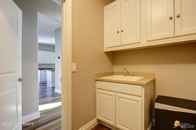 laundry area featuring wood finished floors, baseboards, and a sink