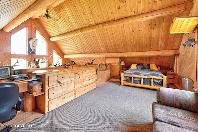 carpeted bedroom with wooden walls, wood ceiling, and vaulted ceiling with beams