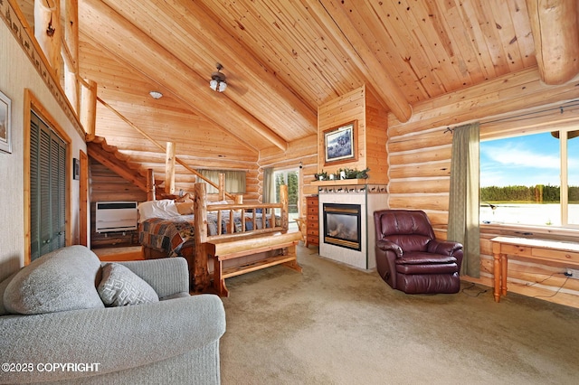 carpeted bedroom with beamed ceiling, a fireplace, wooden ceiling, heating unit, and high vaulted ceiling