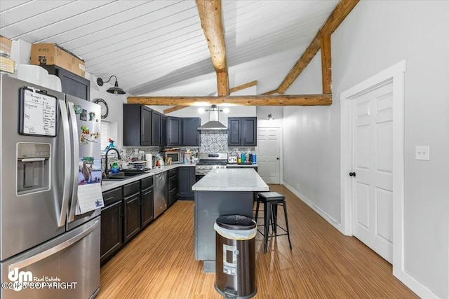 kitchen with backsplash, a breakfast bar, light countertops, stainless steel appliances, and a sink