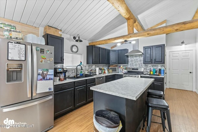 kitchen with tasteful backsplash, lofted ceiling with beams, stainless steel appliances, wall chimney exhaust hood, and a sink