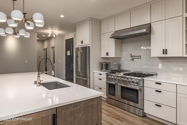 9475 E Spring Creek Cir, Wasilla, AK 99654 - kitchen featuring premium appliances, under cabinet range hood, a sink, light wood-style floors, and decorative backsplash