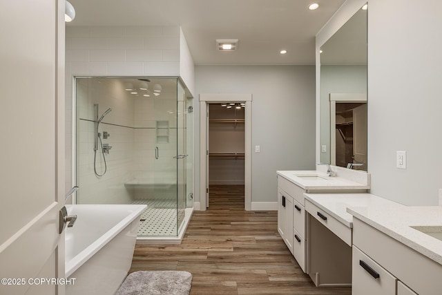 9475 E Spring Creek Cir, Wasilla, AK 99654 - full bath featuring vanity, a stall shower, a walk in closet, a soaking tub, and recessed lighting