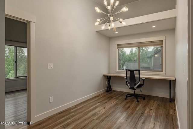 9475 E Spring Creek Cir, Wasilla, AK 99654 - home office with wood finished floors, a chandelier, baseboards, and recessed lighting