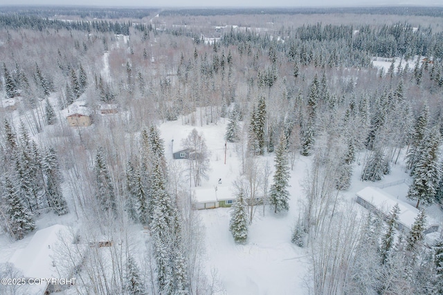 snowy aerial view featuring a view of trees