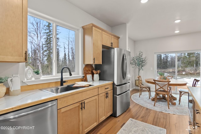 kitchen with light wood finished floors, light brown cabinetry, light countertops, stainless steel appliances, and a sink