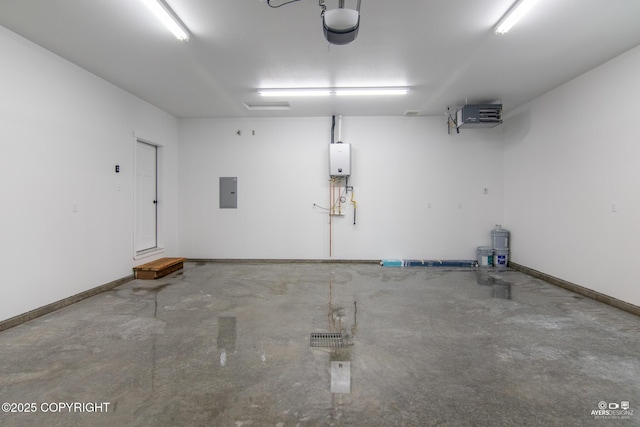 garage with electric panel, water heater, a garage door opener, and baseboards