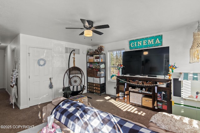 carpeted bedroom featuring visible vents and ceiling fan