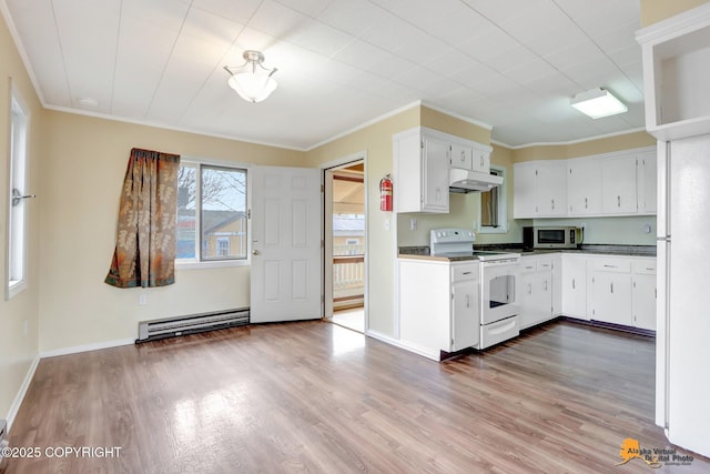 kitchen with white appliances, wood finished floors, white cabinets, under cabinet range hood, and baseboard heating