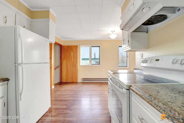 kitchen with a baseboard heating unit, white appliances, white cabinets, and exhaust hood