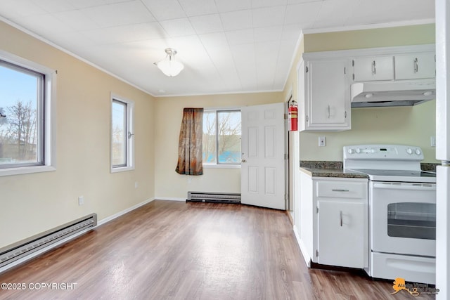 kitchen featuring a baseboard heating unit, electric range, a wealth of natural light, and under cabinet range hood