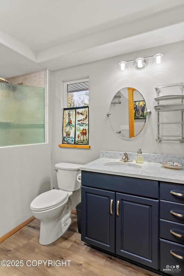 bathroom featuring vanity, toilet, wood finished floors, and baseboards