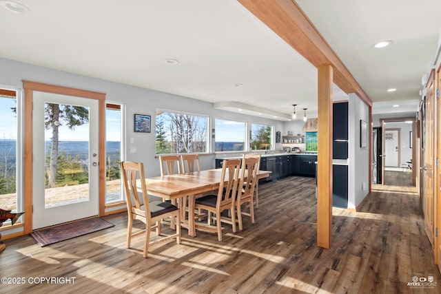 dining room with recessed lighting and dark wood-style flooring