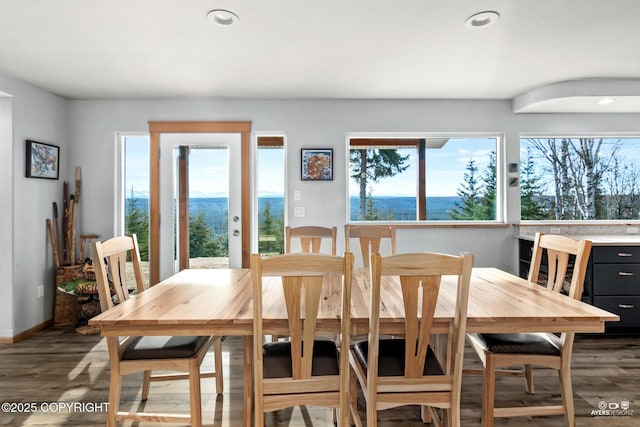 dining space featuring recessed lighting, baseboards, and wood finished floors