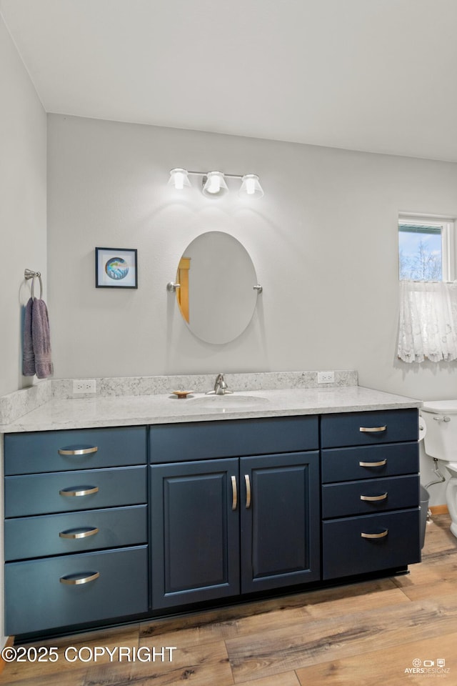 bathroom with vanity, toilet, and wood finished floors