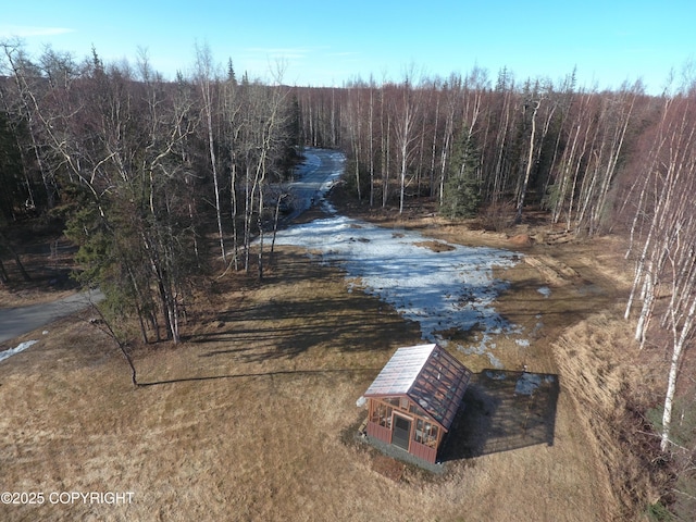 bird's eye view featuring a wooded view