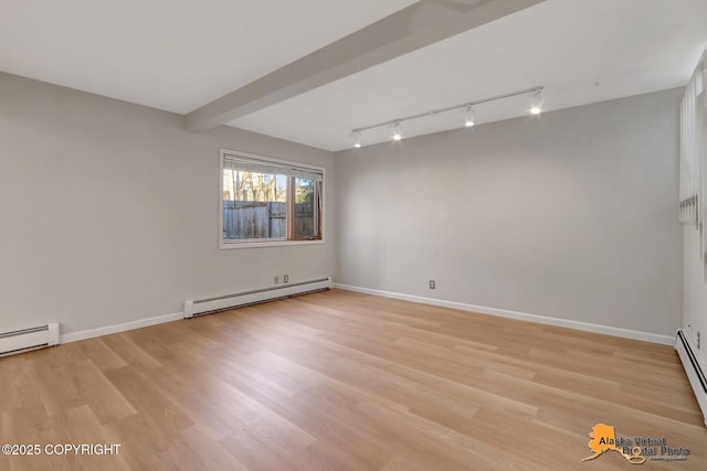 unfurnished room with light wood finished floors, a baseboard heating unit, baseboards, beam ceiling, and a baseboard radiator