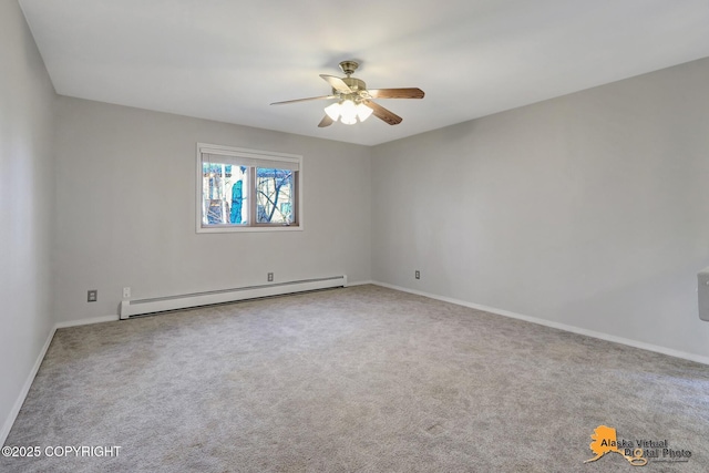 carpeted spare room with baseboards, a baseboard heating unit, and ceiling fan