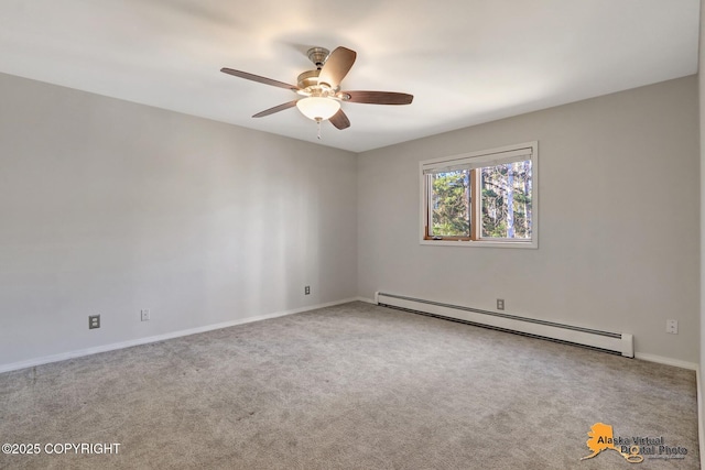 unfurnished room featuring baseboard heating, baseboards, ceiling fan, and carpet floors